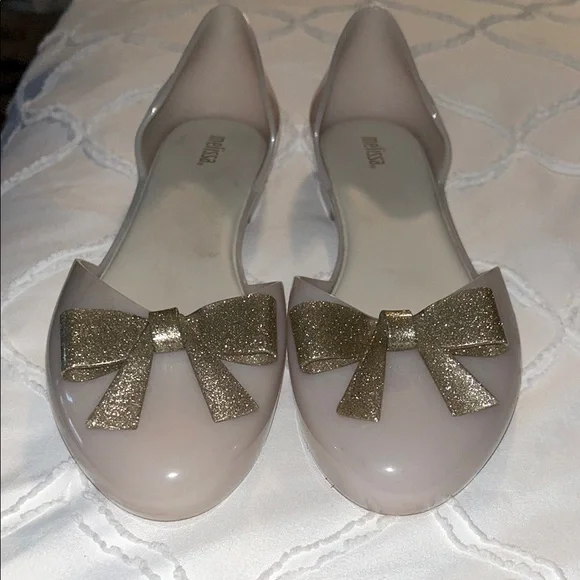 ✨ MELISSA ✨ Cream And Gold Glitter Bow Jelly D’Orsay Flats Size US 9 - Picture 3 of 11